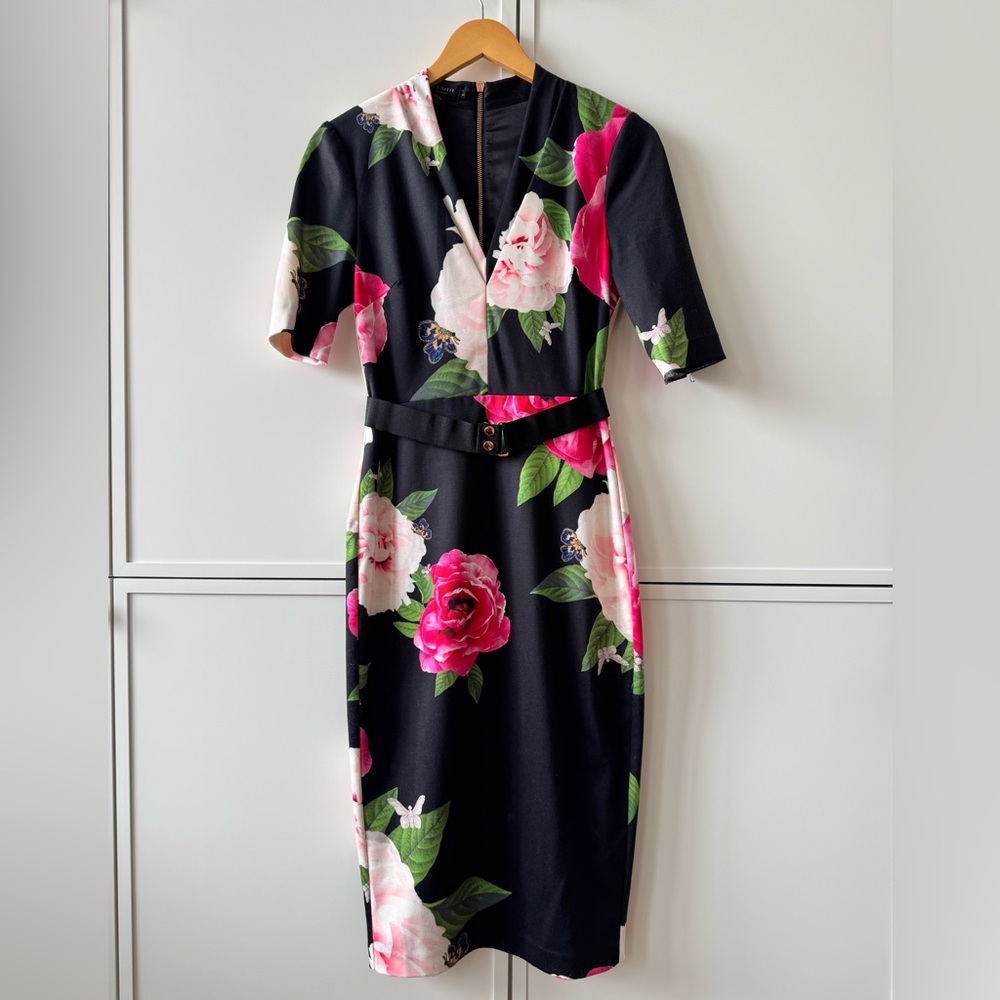 Ted Baker London Black Midi Dress with Pink and White Floral Pattern